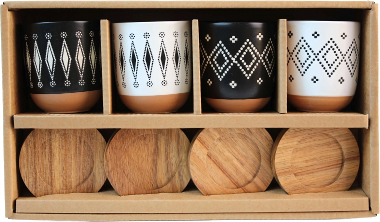 Sæt med krus Kitchisimo 4 stk. 140 ml med træbakke