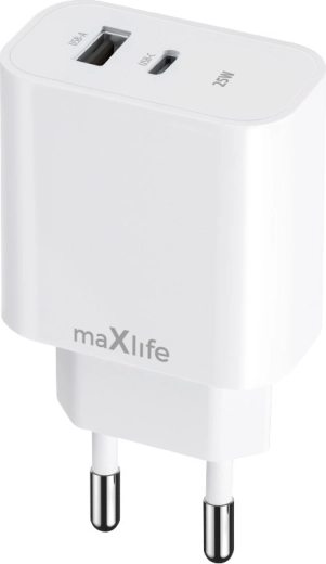 Maxlife væglader 25 W med USB‑C og USB, hvid