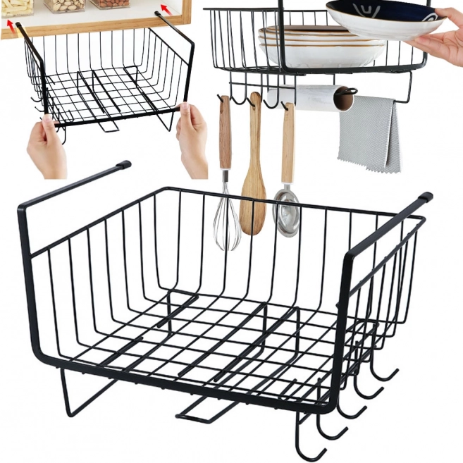 Hængende metalorganisator til under skab med 5 kroge og papirholder sort