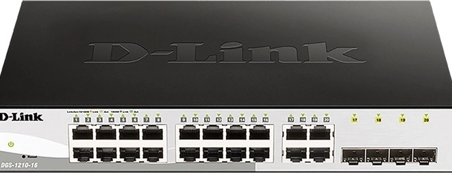 Gigabit-switch D-Link DGS-1210-16 med 16 GE-porte og 4 SFP