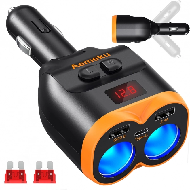 Lighter Splitter med USB-A og USB-C QC 3.0 oplader