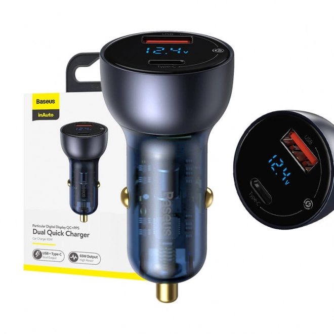 Baseus dobbelt biloplader med digital display, USB og USB-C, hurtig opladning 65W