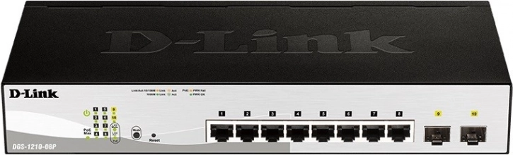D-Link DGS‑1210‑08P gigabit PoE smart switch 8× RJ‑45 og 2× SFP