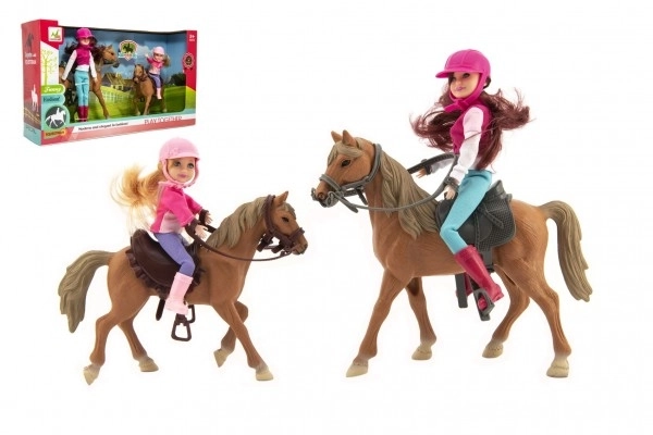 Hest 2 stk + dukke jockey 2 stk plastik i kassen 44x26x12cm