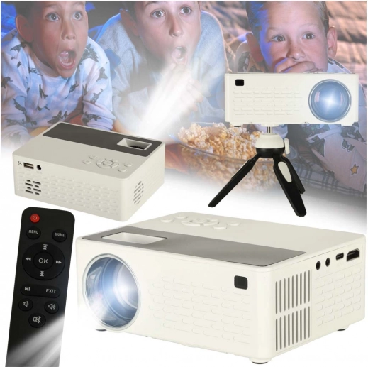 Bærbar LED-projektor 1080p med TFT LCD og stativ, hvid
