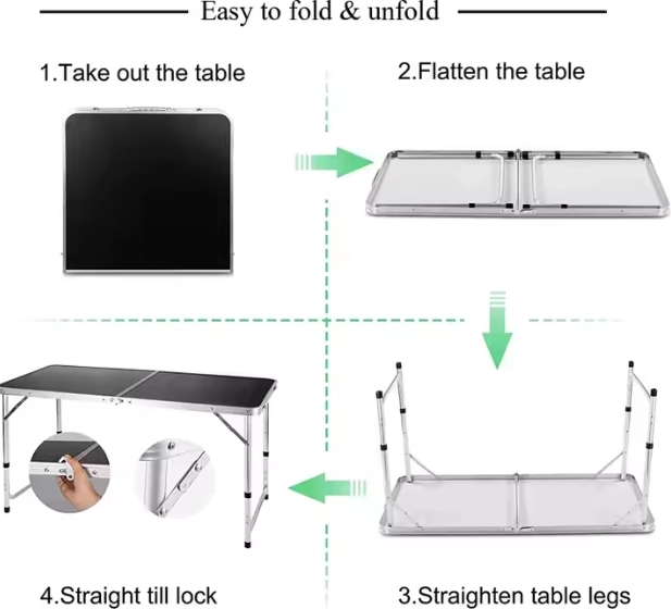Sammenklappeligt campingbord med justerbar højde 120x60 cm sort