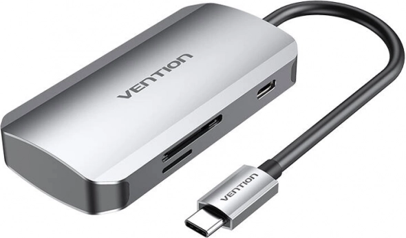 USB‑C dockingstation 3× USB 3.0 med SD/TF-kortlæser og PD 100 W strømforsyning Vention, grå