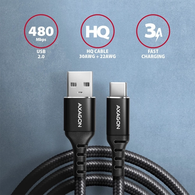 USB-C - USB-A Kabel Axagon 1.5m, aluminium, nylonbetræk