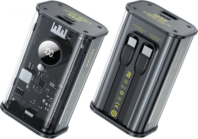 Powerbank 10000 mAh med hurtigopladning, indbyggede USB‑C og Lightning‑kabler, PD 20 W + QC 22,5 W, sort