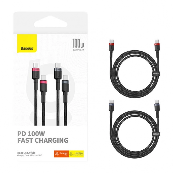 Baseus Cafule USB-C til USB-C 100W kabel, 2m, 2 stk (rød-sort, grå-sort).