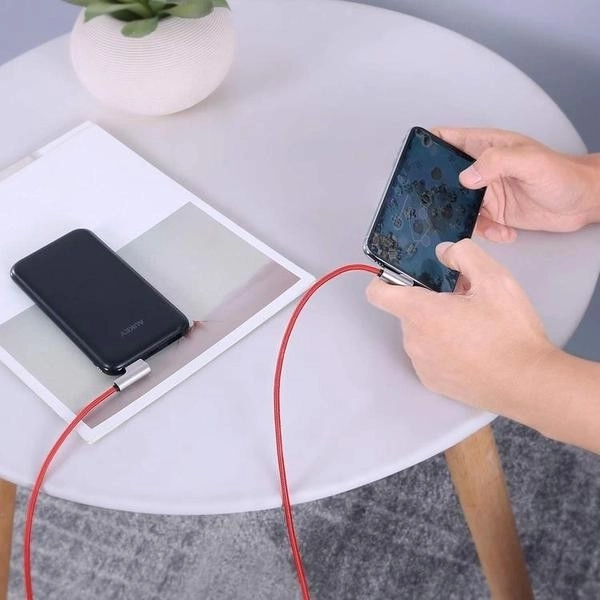 Rød nylon USB - Lightning kabel 2m med 90 graders vinkel