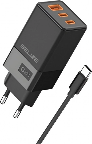 Vægoplader 65W GaN 2x USB‑C + USB‑A med USB‑C‑kabel – sort