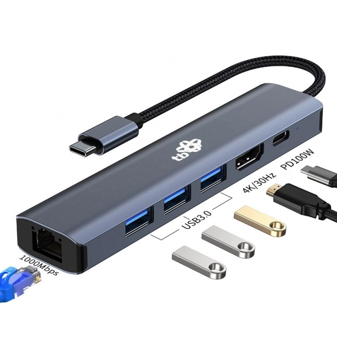 HUB USB-C adapter 6i1 - HDMI, 3x USB, PD, RJ-45