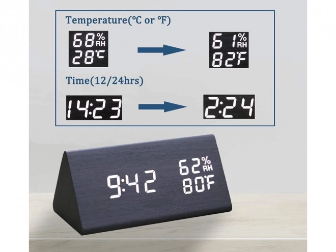 Multifunktionelt elektronisk vækkeur med termometer og hygrometer