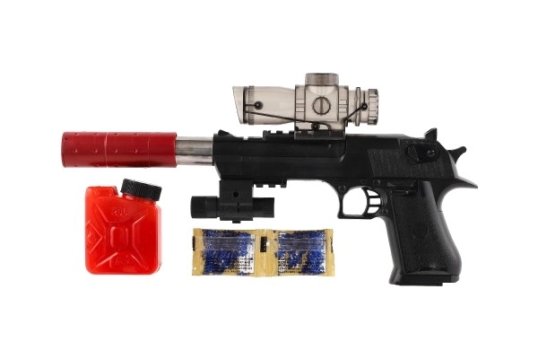 Pistol plast/metal 33cm til vandkugler + patroner 9-11mm på batteri med lys i æsken 34x13x4cm