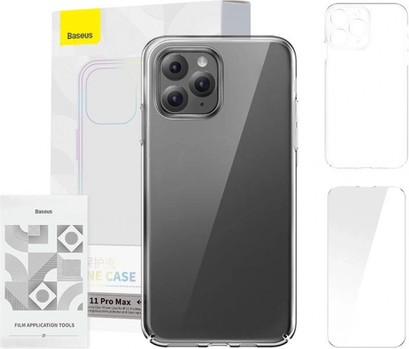 Baseus Crystal Series etui til iPhone 11 Pro Max gennemsigtigt med hærdet glas og rengøringssæt