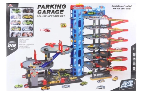 Garage med biler og helikopterlandingsplads