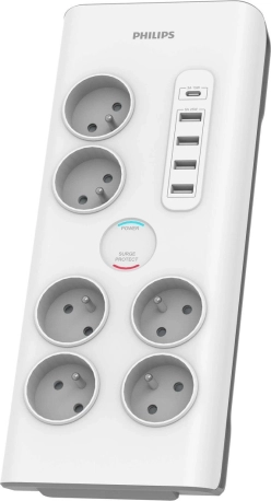 Overspændingsbeskyttelse med 6 FR-stik, USB 35 W, 2 m kabel