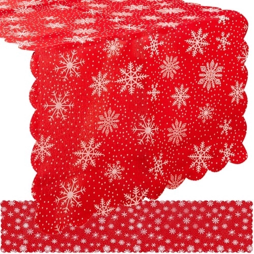 Langt juleløber til bord rød med hvide snefnug 185 x 35 cm
