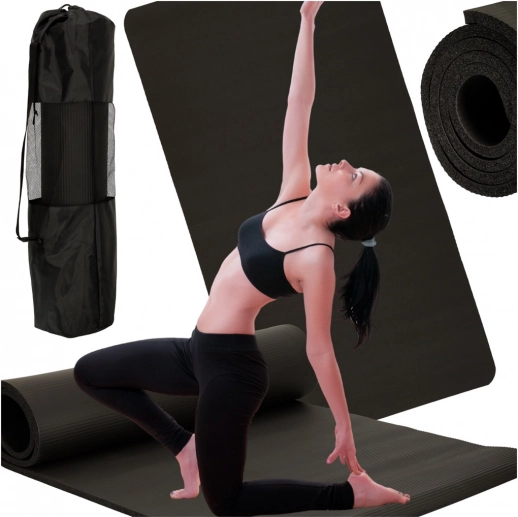 Tykt fitness- og yogaunderlag 185 × 83 × 1,5 cm sort med etui