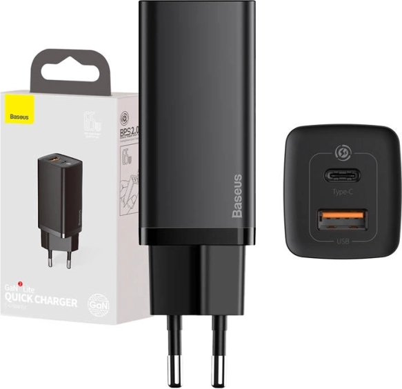 Hurtig rejseoplader BASEUS GaN Lite 65W, USB‑C + USB, sort