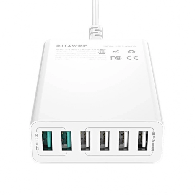USB-oplader 6 porte BlitzWolf QC 3.0, 60W hvid