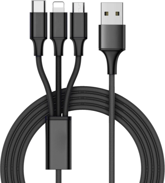 Universal 3-i-1 opladerkabel med Lightning-, Micro USB- og USB‑C-stik 1,2 m – sort