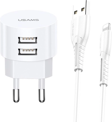 Vægoplader USAMS T20 med 2xUSB 2,1A Lightning