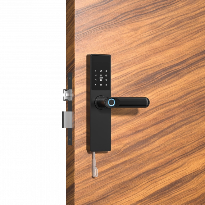 Intelligent Tuya-dør, Elektronisk fingeraftryks-, kode-, Wi-Fi-, RFID-lås - sort