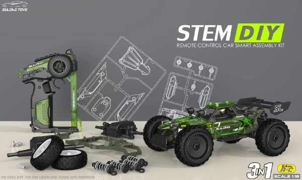 Auto RC buggy plast 22cm byggesæt 24MHz på batteri grøn i æske 34x25x7cm
