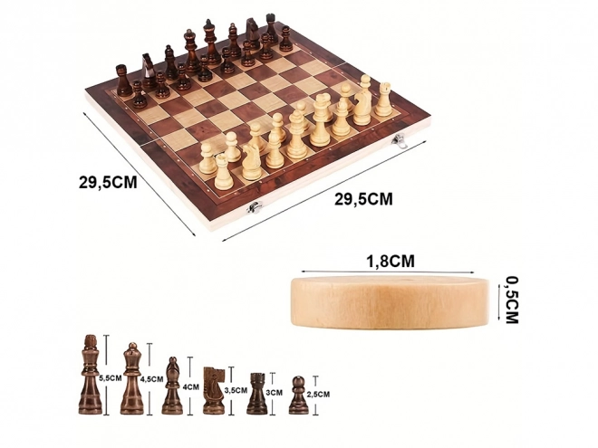 Træspil sæt 3i1: Skak, Dame og Backgammon