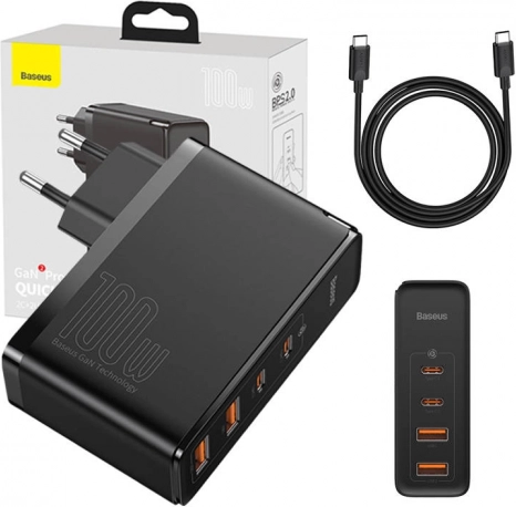 Baseus GaN2 Pro Quick 100W rejseoplader, 2× USB-C + 2× USB, EU – sort