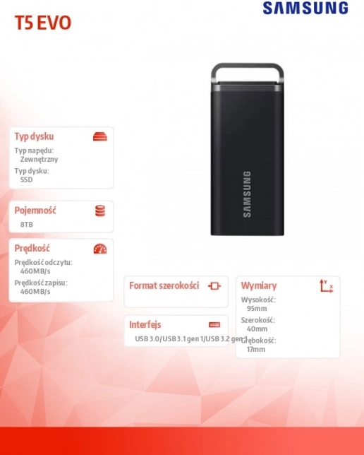 Ekstern SSD Disk Samsung T5 EVO 8TB USB 3.2 Gen. 1 sort