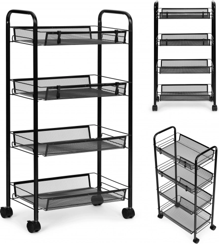 Sort metal reolorganizer til køkken eller badeværelse, 4 hylder med hjul, ModernHome