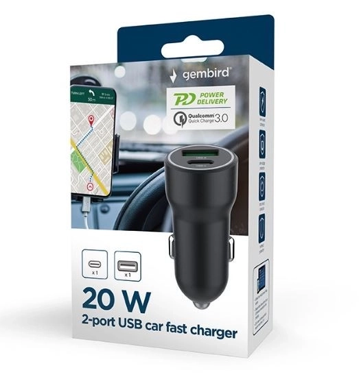 sort biloplader USB-A/USB-C 20W PD