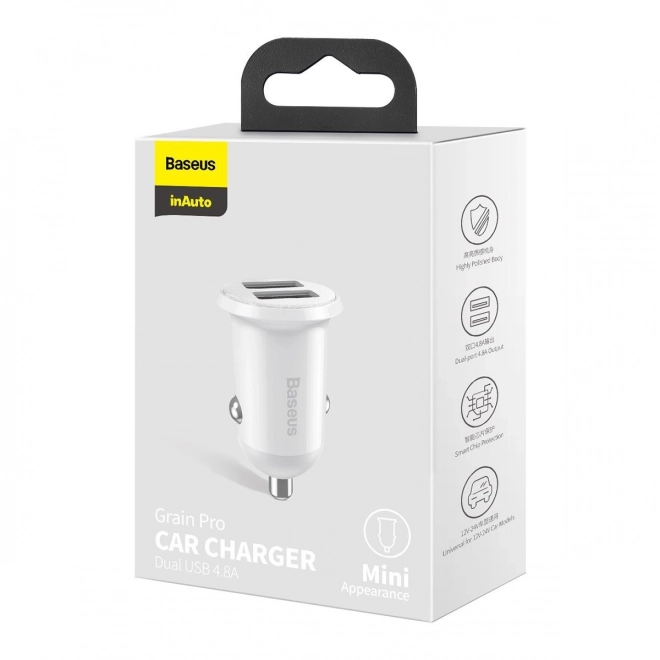 Biloplader 2x USB Baseus, 4,8A, hvid