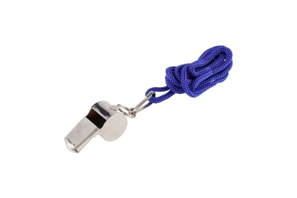 Fløjte med snor metal/stof 5 cm på kort