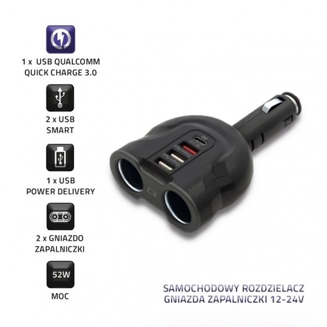 Distribuer cigarettænderstikdåse 12-24V | 52W | 2,4A | 2xUSB | USB QC 3.0 | USB-C PD | 2x cigarettænderstikdåse