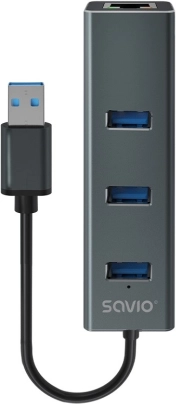 Savio hub USB-A 3.1 Gen 1 med 3 porte og RJ‑45 gigabit‑ethernetadapter