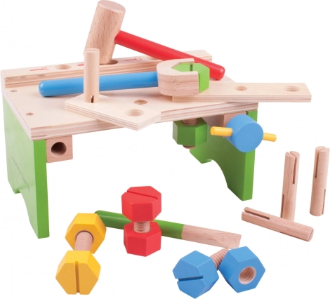 Træværkstedssæt med værktøj og hammerbænk fra Bigjigs Toys