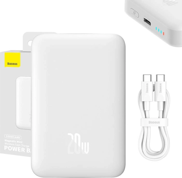 magnetisk powerbank Baseus 10000 mAh med trådløs opladning og USB‑C 20 W, hvid