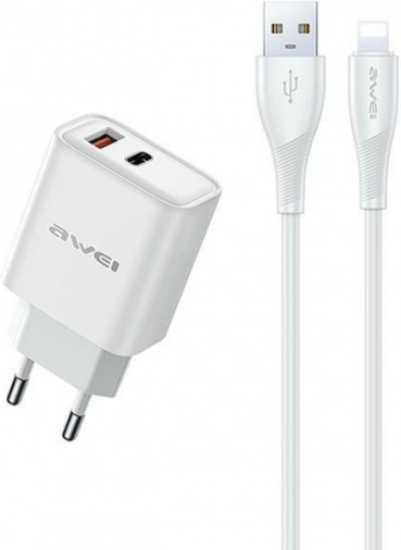 Awei GaN-vægoplader 22,5 W USB + USB‑C med USB‑A/Lightning‑kabel