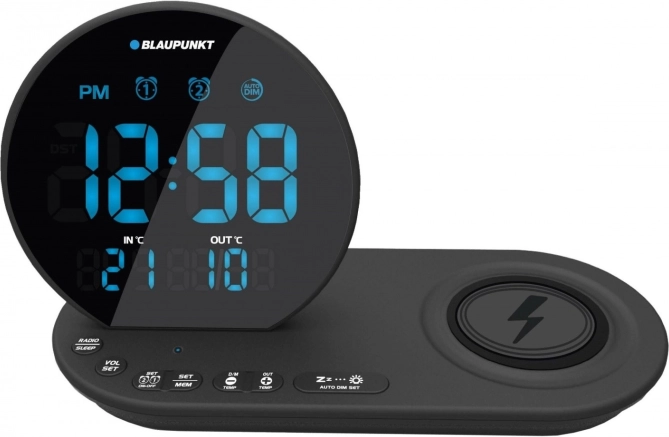 Clockradio med FM, Qi trådløs opladning og temperatursensor – sort