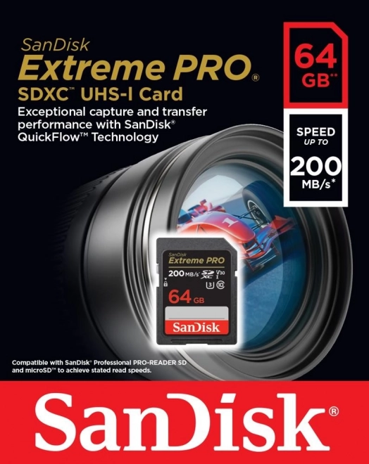 SANDISK EXTREME PRO SDXC 64GB 200/90 MB/s UHS-I U3 (SDSDXXU-064G-GN4IN) hukommelseskort