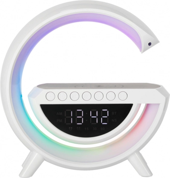 LED RGB-lampe med trådløs opladning, radio, vækkeur og Bluetooth-højttaler