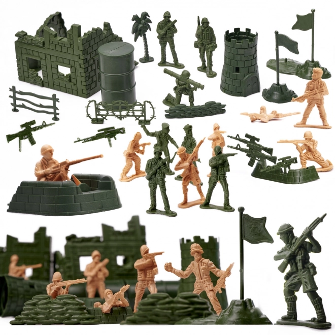 Sæt med soldaterfigurer + militærbase 114 dele