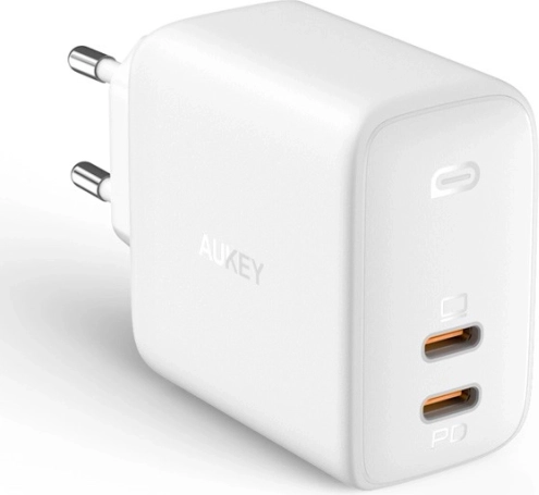Vægoplader AUKEY Omnia Duo PA-B4, 2× USB‑C, Power Delivery 3.0, GaN, 65 W, hvid