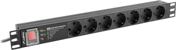 rackmonteret PDU-strømliste 19" 1U 16 A med 7 SCHUKO-udtag og overspændingsbeskyttelse, 2 m, sort