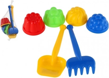 Sæt til sand – plastskovl, rive, 4 stk. sandforme i net