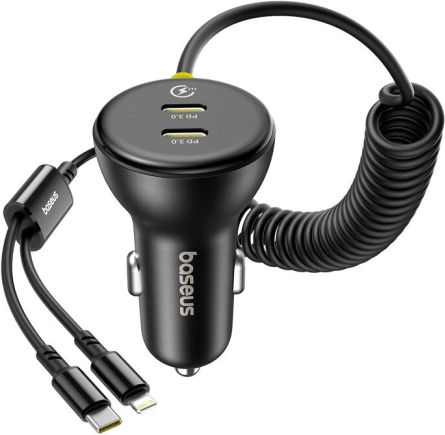 BASEUS 60 W billader med Lightning- og USB‑C‑kabel (sort)